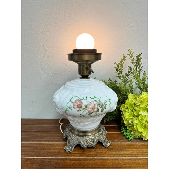 Vintage Hurricane 3-way Milk Glass Globe Floral Gone with the Wind Lamp Base - Picture 6 of 8